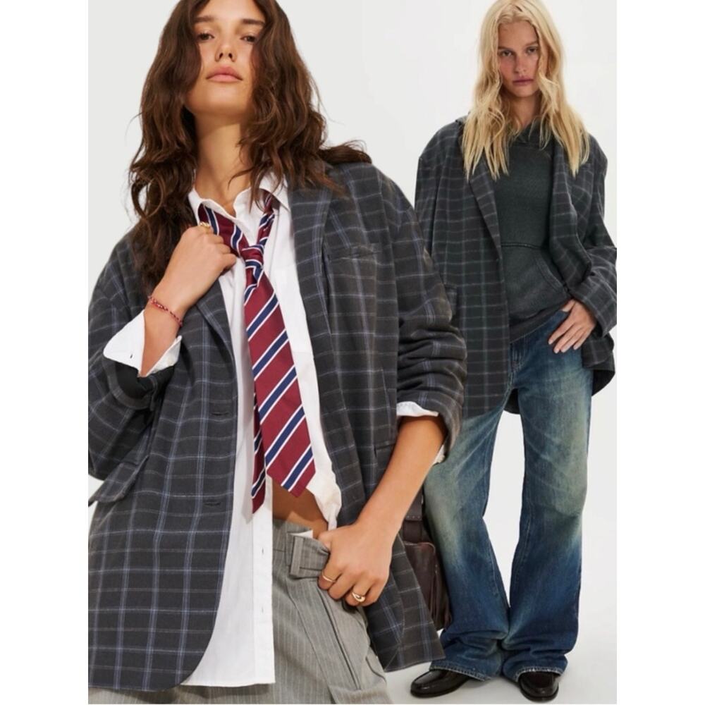 Free People Oversized Layering Menswear Reggie Blazer Blue Plaid XL Preppy Edgy